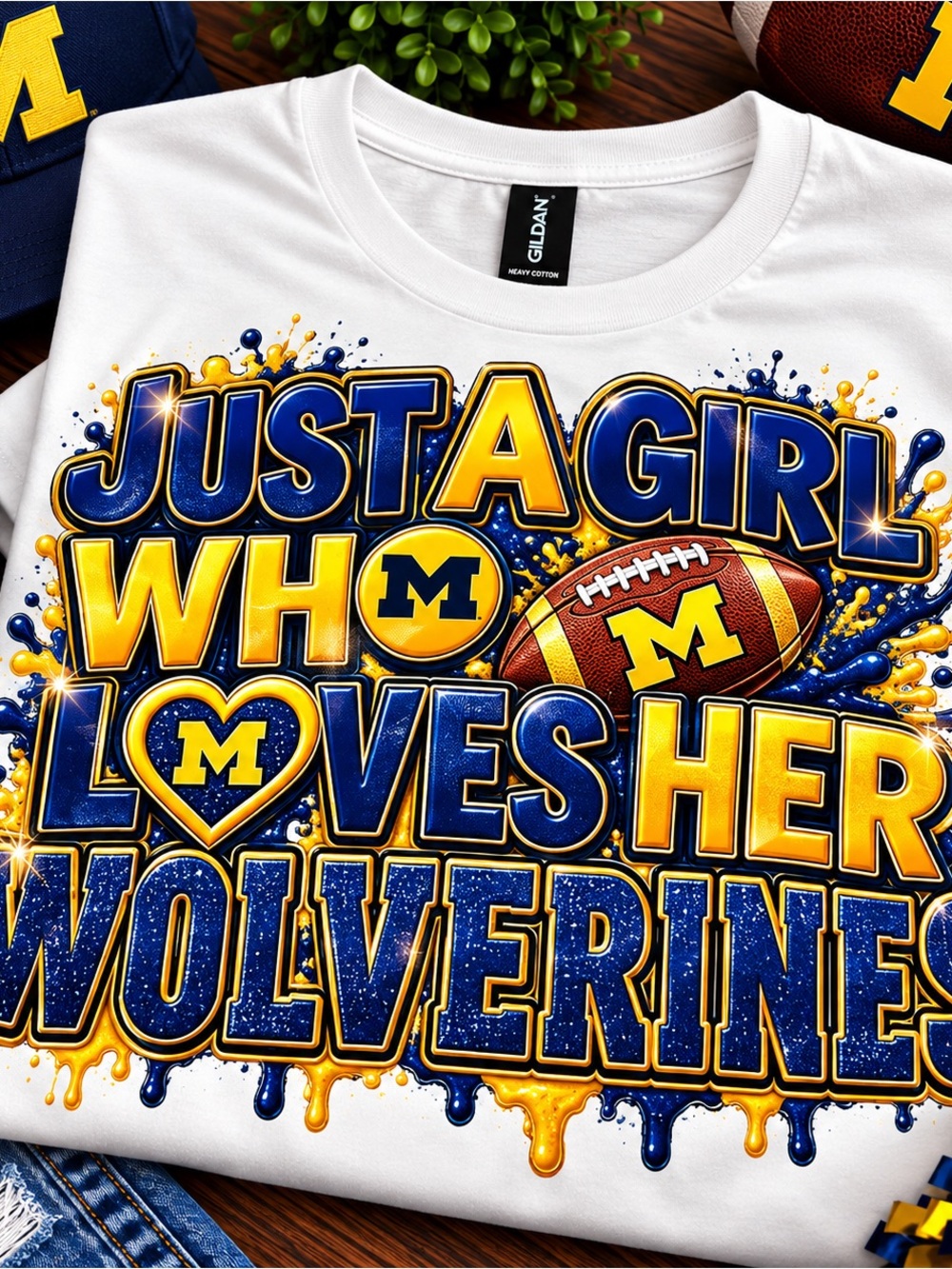 Gildan White Tee with Blue and Yellow Wolverines Football Graphic